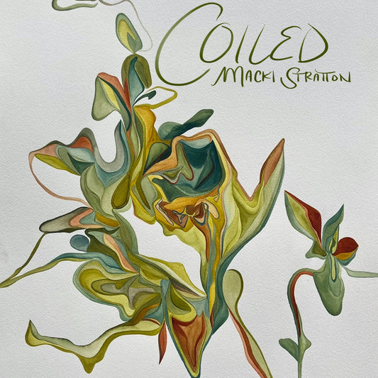 Macki Stratton flyer for the art exhibition COILED the images is a watercolor painting
