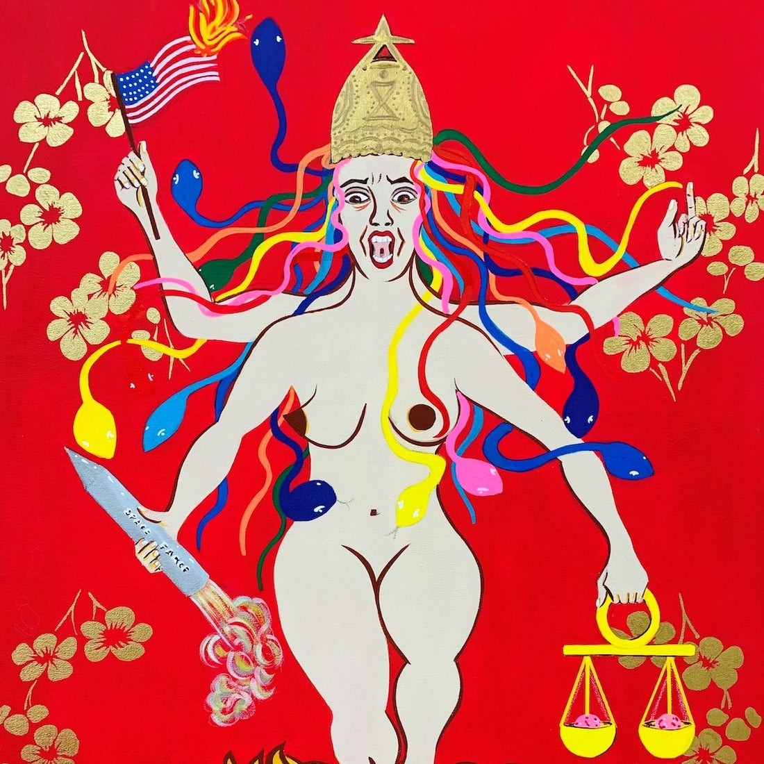 Depiction of Kali, warrior woman on bright red back ground. Gold leaf flowers and lion head and snakes and political content by Shima Star of Seattle 